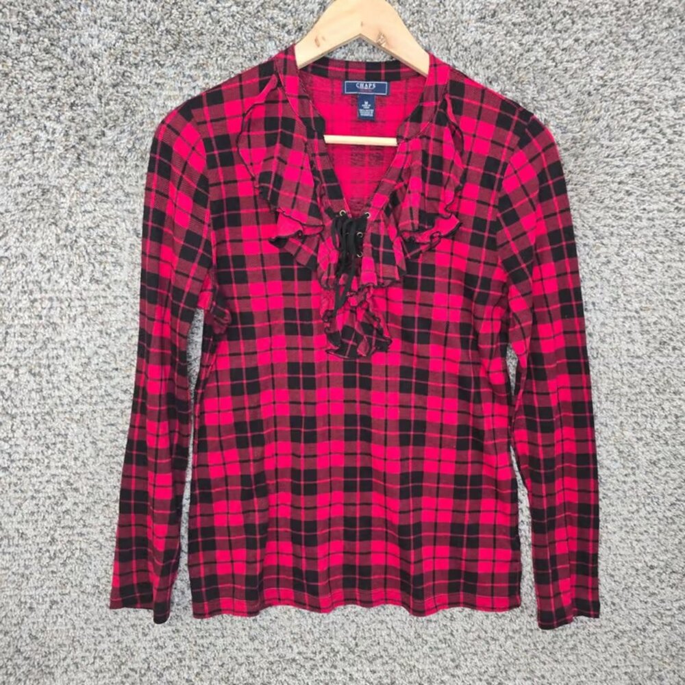 Chaps Top Womens Medium Red Plaid Ruffle Lace Up Long Sleeve Tee Casual Ladies